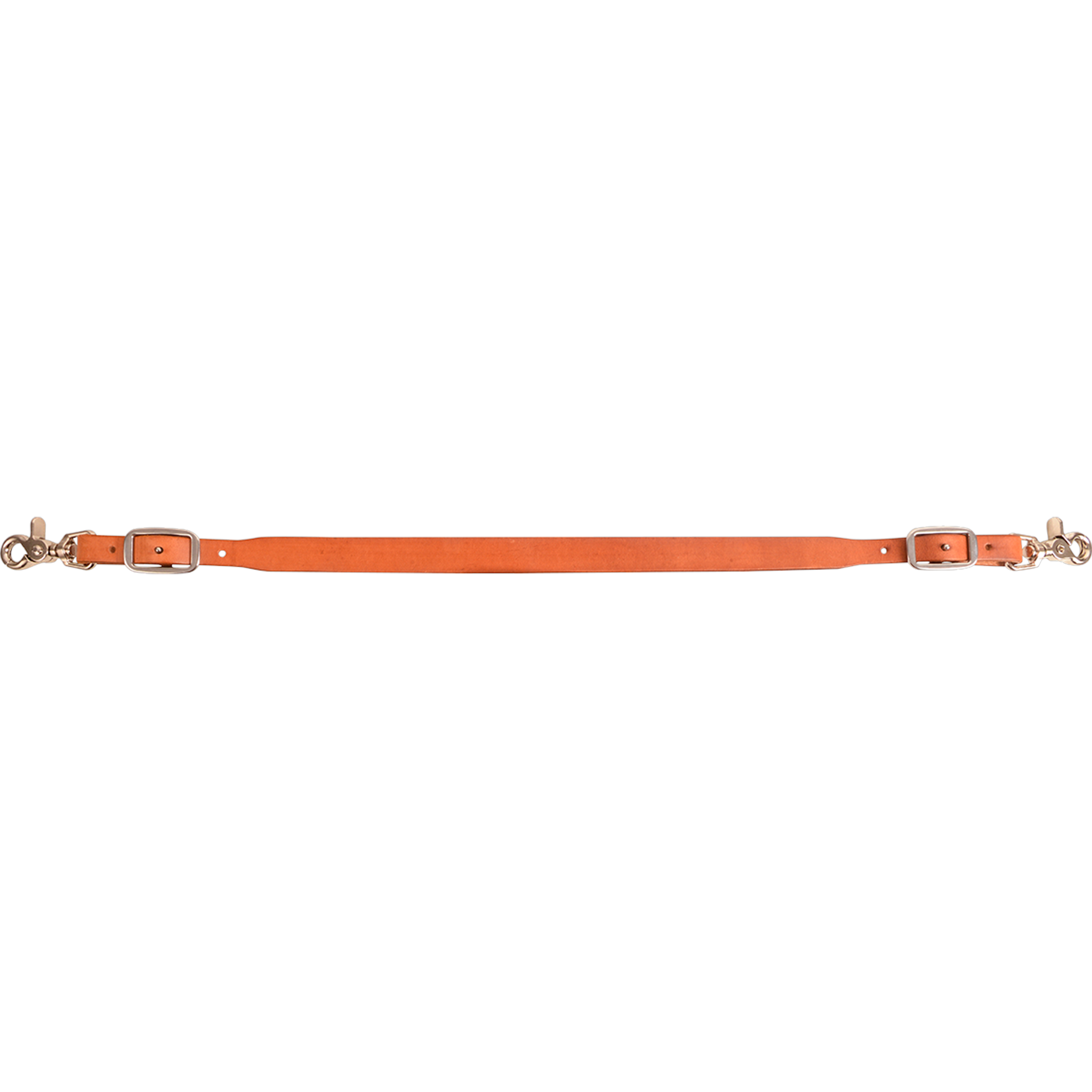 Natural breastcollar wither strap laid out straight and seen from the side. The Martin Saddlery leather strap has a buckle and snap at each end.