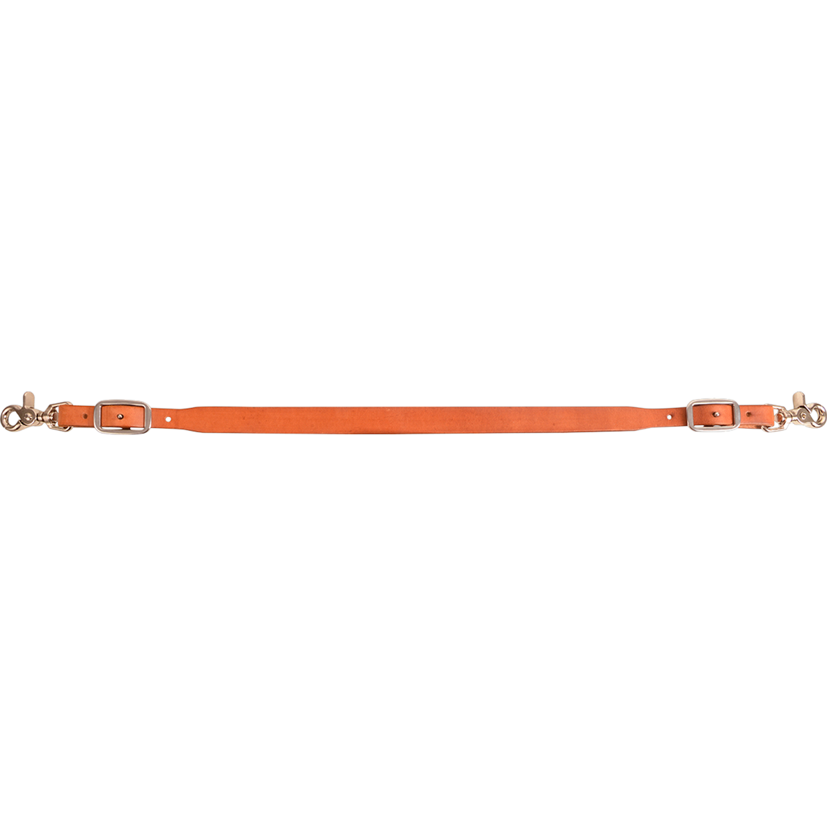 Natural breastcollar wither strap laid out straight and seen from the side. The Martin Saddlery leather strap has a buckle and snap at each end.