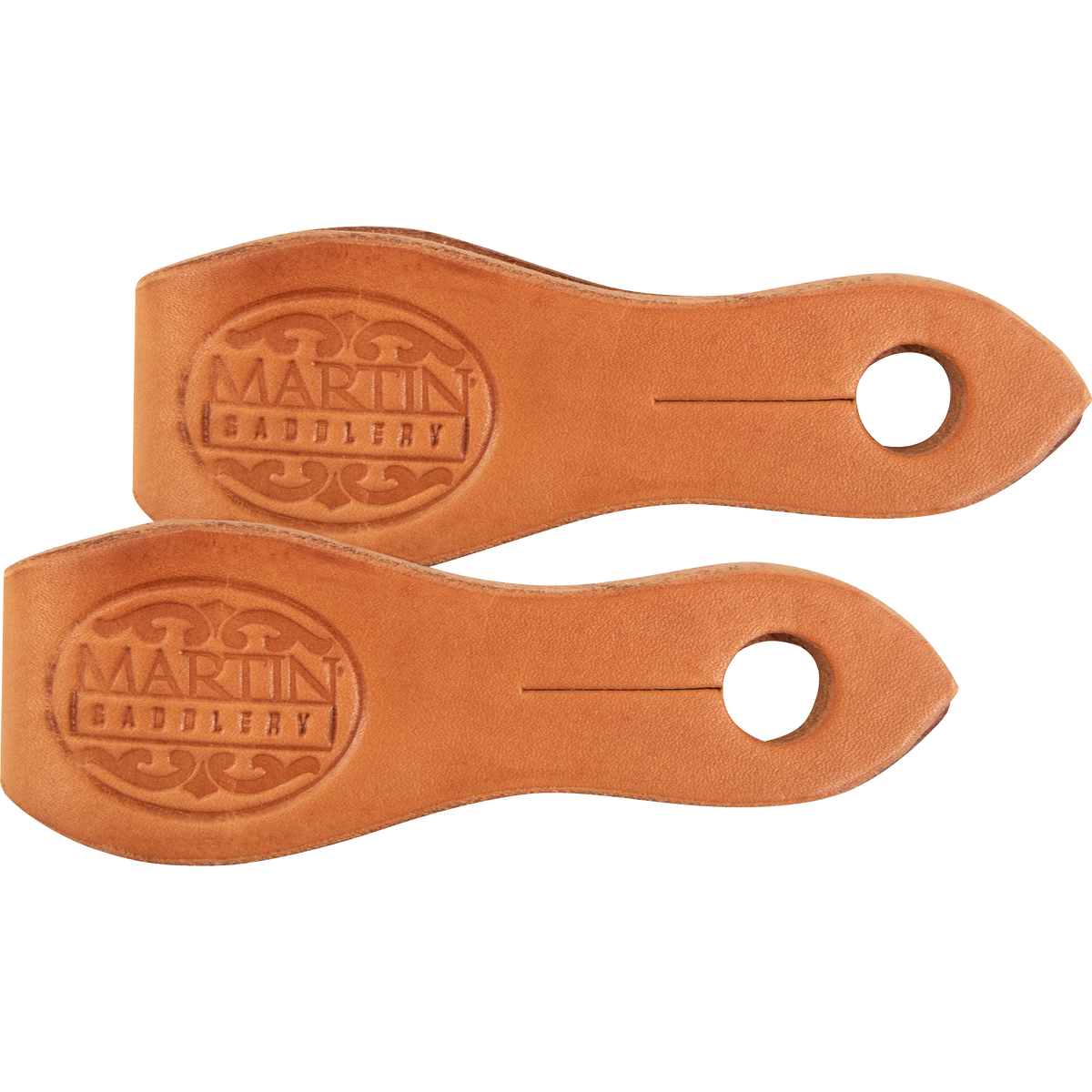 Medium natural slobber straps, laid side by side and seen from above. The light skirting leather shows the Martin Saddlery stamp, with a slotted hole near each point.