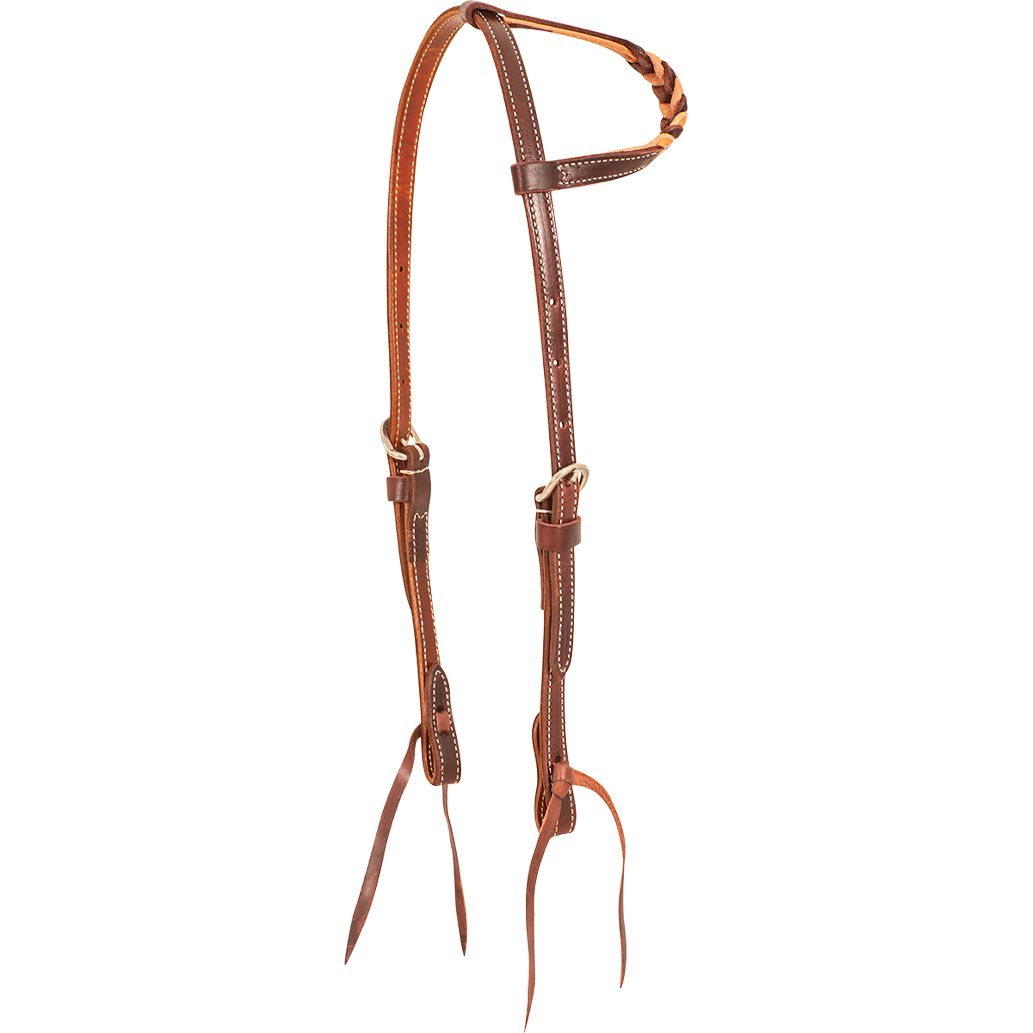 Slip ear headstall with natural blood knots, seen from the front quarter. Light and dark leather blood knots wrap the ear loop of the 5/8-inch harness leather headstall, which has stainless steel buckles and bit ties.