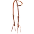 Slip ear headstall with natural blood knots, seen from the front quarter. Light and dark leather blood knots wrap the ear loop of the 5/8-inch harness leather headstall, which has stainless steel buckles and bit ties.