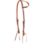 Slip ear headstall with natural blood knots, seen from the front quarter. Light and dark leather blood knots wrap the ear loop of the 5/8-inch harness leather headstall, which has stainless steel buckles and bit ties.