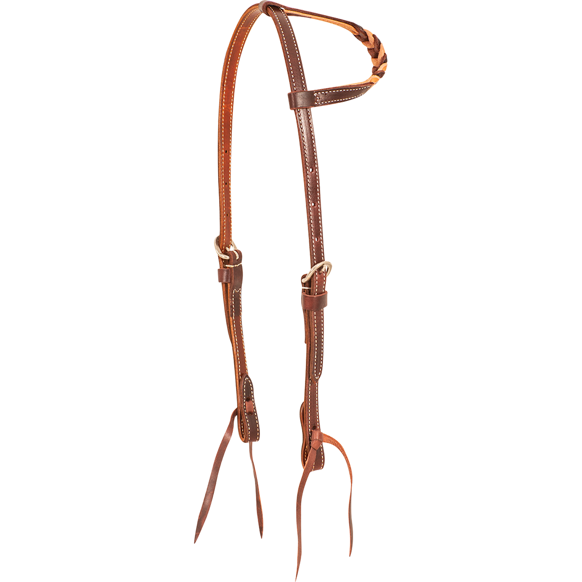 Slip ear headstall with natural blood knots, seen from the front quarter. Light and dark leather blood knots wrap the ear loop of the 5/8-inch harness leather headstall, which has stainless steel buckles and bit ties.