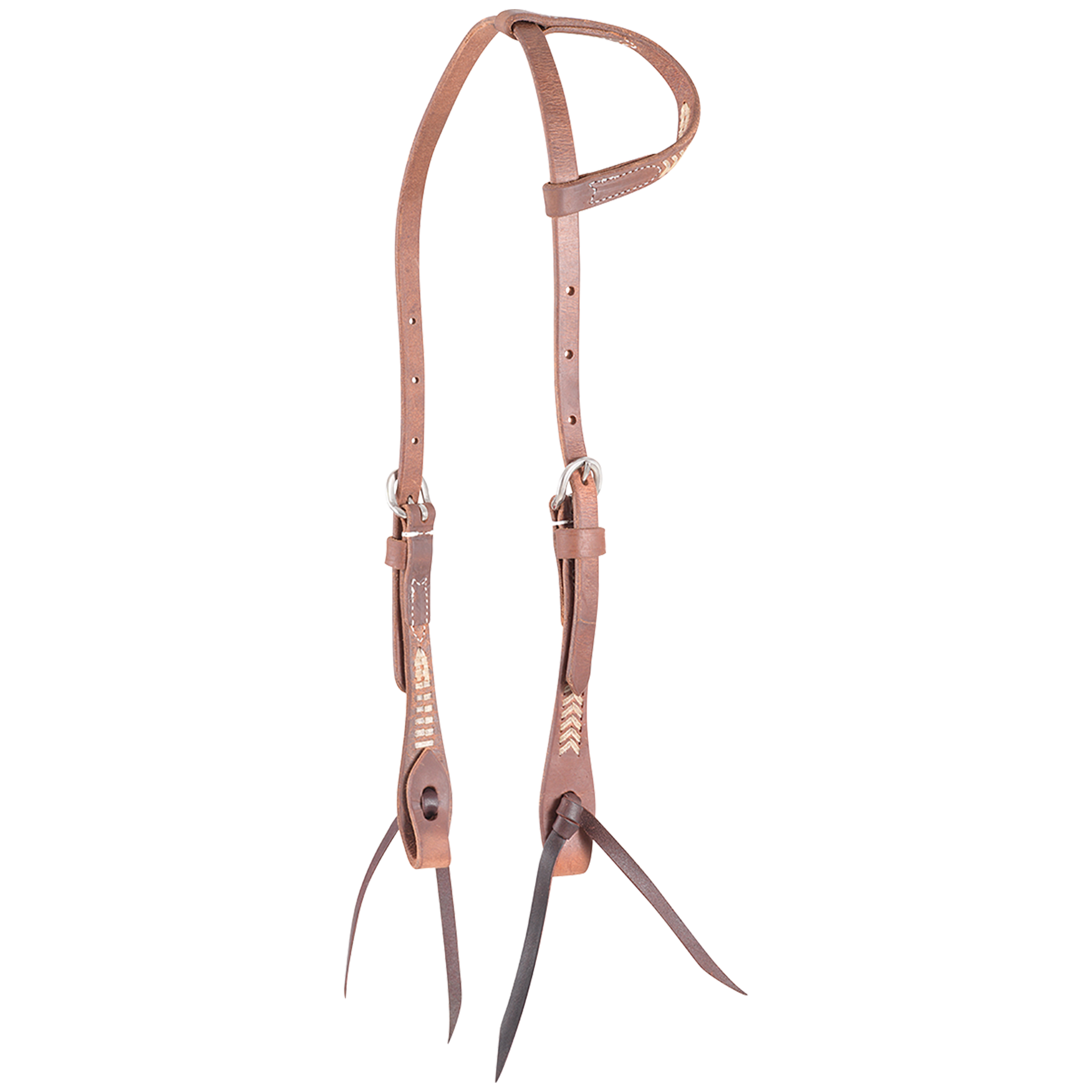 Natural slip ear headstall with rawhide lacing, seen from the front quarter. Rawhide lacing accents the ear loop and cheeks of the harness leather headstall, which ends in dark bit ties.