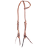 Natural slip ear headstall with rawhide lacing, seen from the front quarter. Rawhide lacing accents the ear loop and cheeks of the harness leather headstall, which ends in dark bit ties.