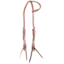 Natural slip ear headstall with rawhide lacing, seen from the front quarter. Rawhide lacing accents the ear loop and cheeks of the harness leather headstall, which ends in dark bit ties.
