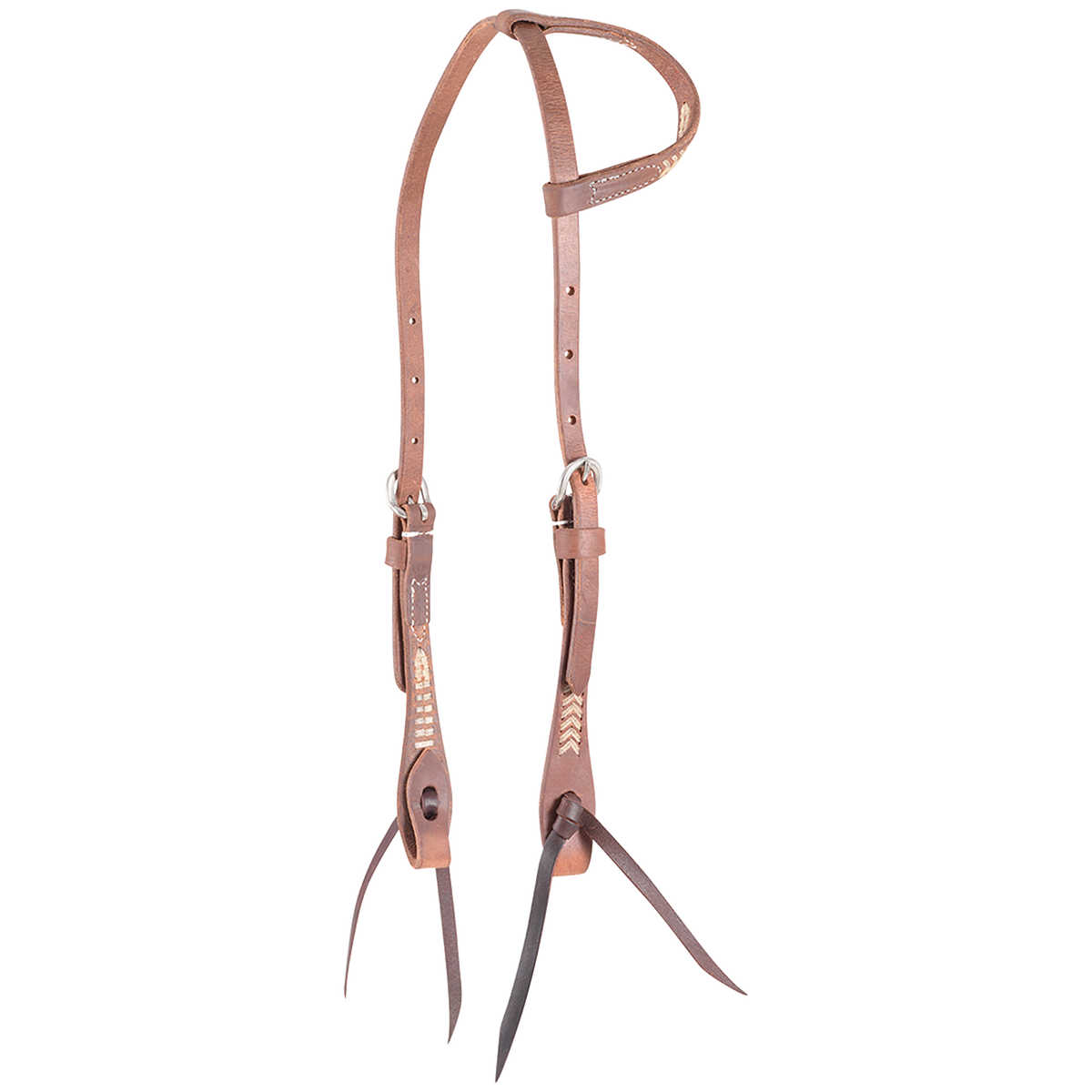 Natural slip ear headstall with rawhide lacing, seen from the front quarter. Rawhide lacing accents the ear loop and cheeks of the harness leather headstall, which ends in dark bit ties.