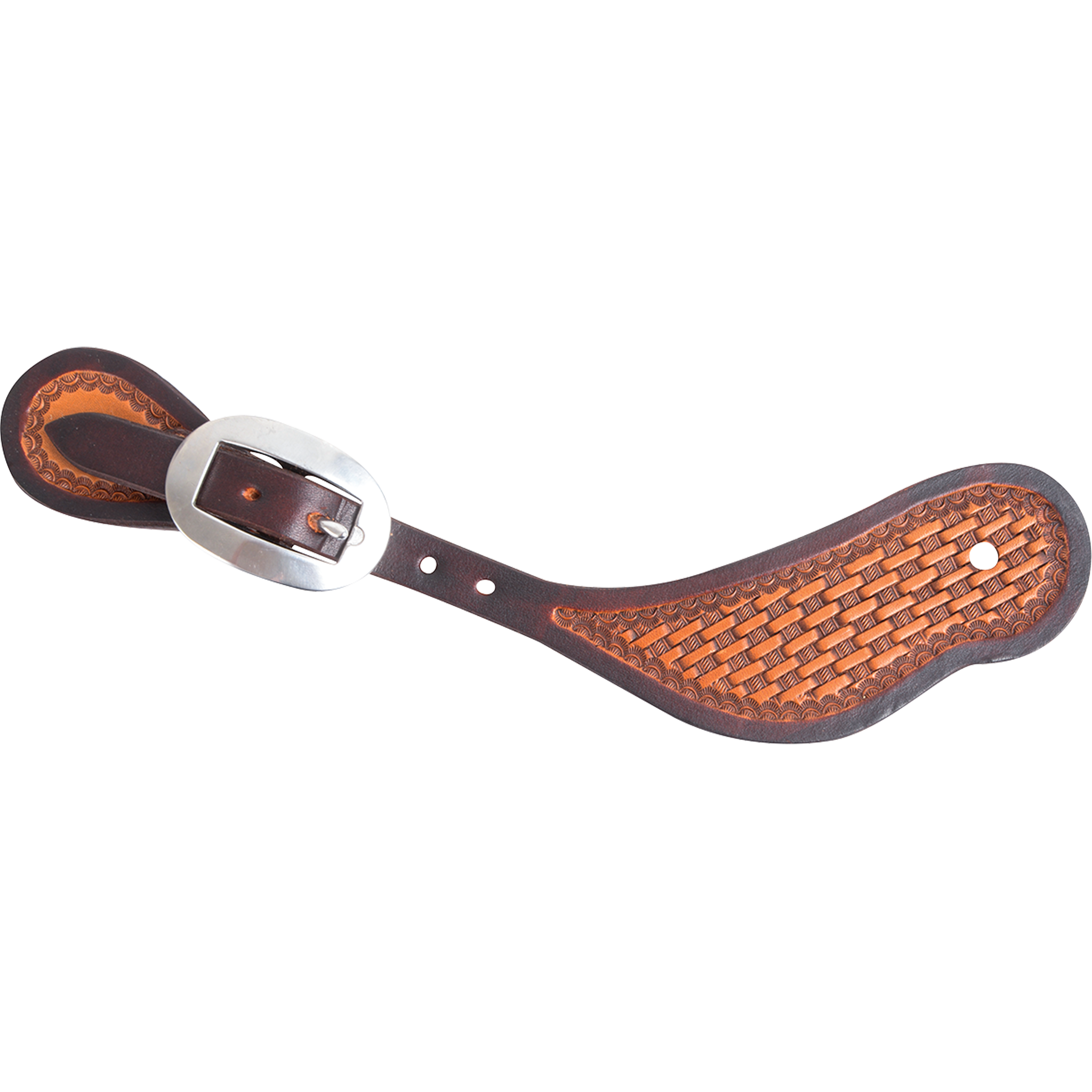 Natural cowboy spur strap with a dyed edge and mini basket tooling, seen from above. Dark dyed edges frame the basket stamped center, and a cart buckle fastens the strap.