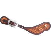 Natural cowboy spur strap with a dyed edge and mini basket tooling, seen from above. Dark dyed edges frame the basket stamped center, and a cart buckle fastens the strap.