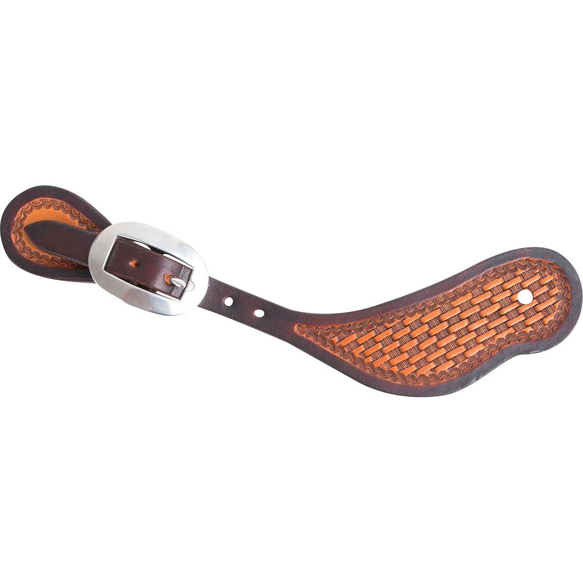 Natural cowboy spur strap with a dyed edge and mini basket tooling, seen from above. Dark dyed edges frame the basket stamped center, and a cart buckle fastens the strap.
