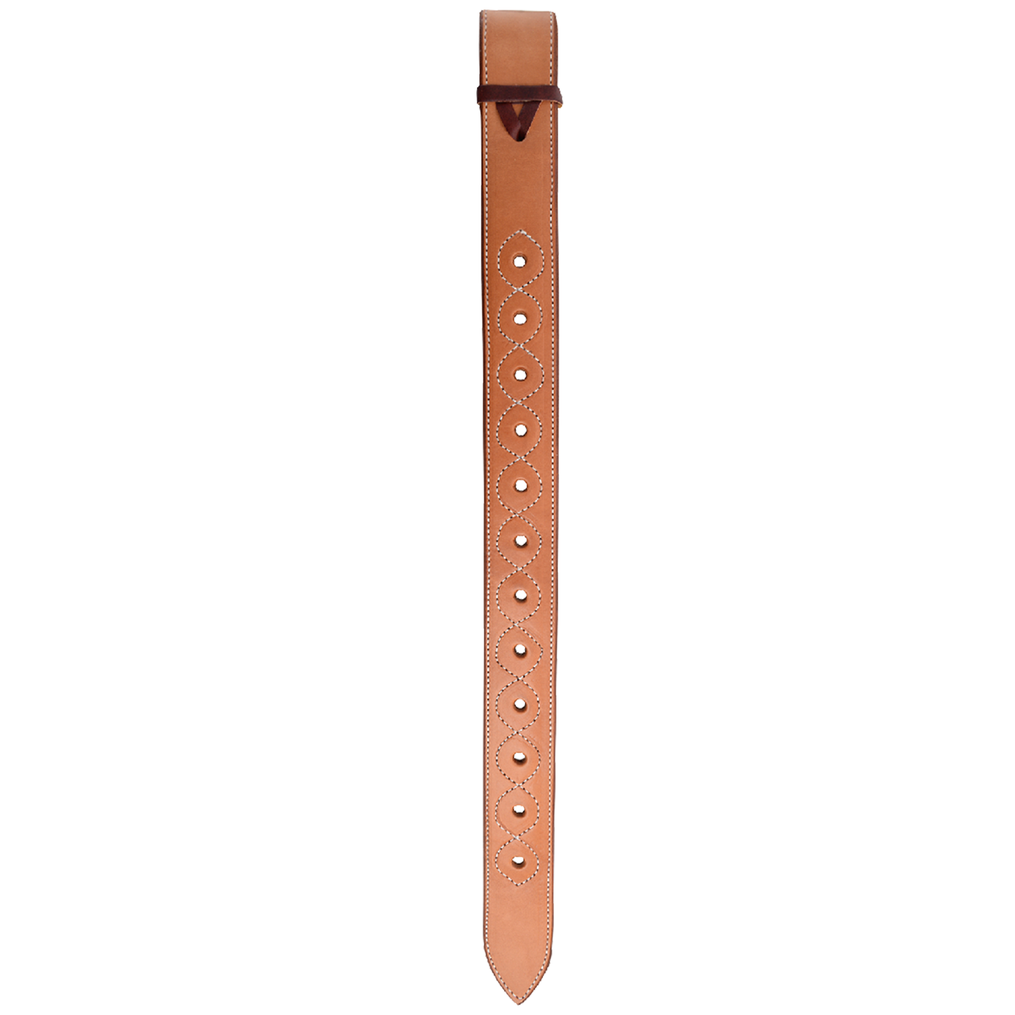 Natural standard flank billet from Martin Saddlery, hanging straight. The skirting leather billet is doubled and stitched, with a row of adjustment holes framed by stitching and a dark keeper at the top.