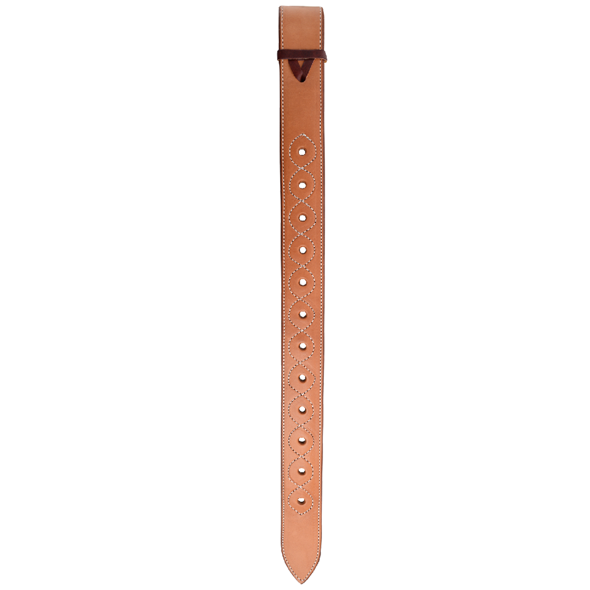 Natural standard flank billet from Martin Saddlery, hanging straight. The skirting leather billet is doubled and stitched, with a row of adjustment holes framed by stitching and a dark keeper at the top.