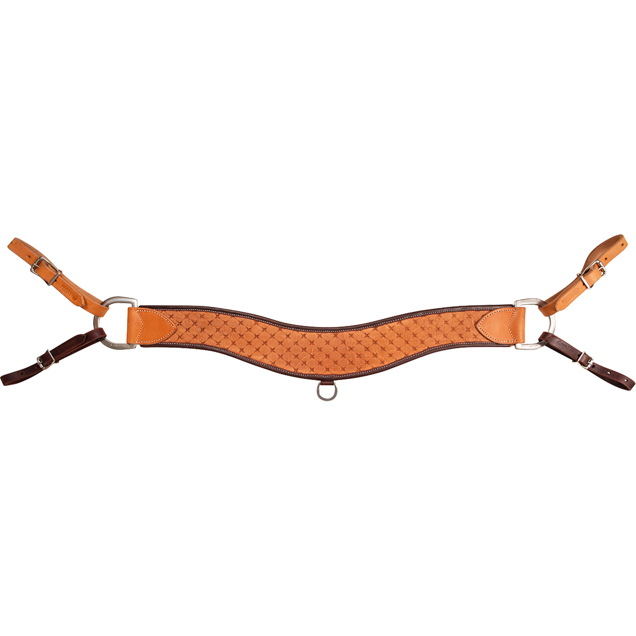 Natural steer roper breastcollar with quilted tooling from Martin Saddlery, seen from the front. The 4-inch contoured strap has dark edges, a small ring at the center, and rings with buckled tug straps at both sides.