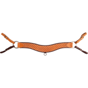 Natural steer roper breastcollar with quilted tooling from Martin Saddlery, seen from the front. The 4-inch contoured strap has dark edges, a small ring at the center, and rings with buckled tug straps at both sides.