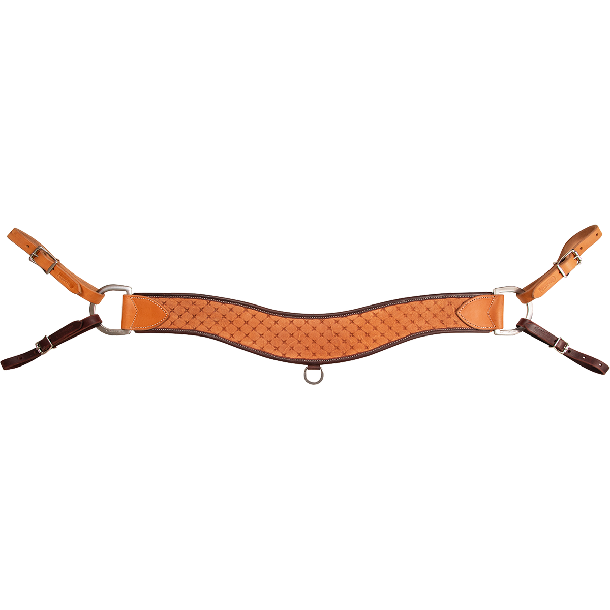 Natural steer roper breastcollar with quilted tooling from Martin Saddlery, seen from the front. The 4-inch contoured strap has dark edges, a small ring at the center, and rings with buckled tug straps at both sides.