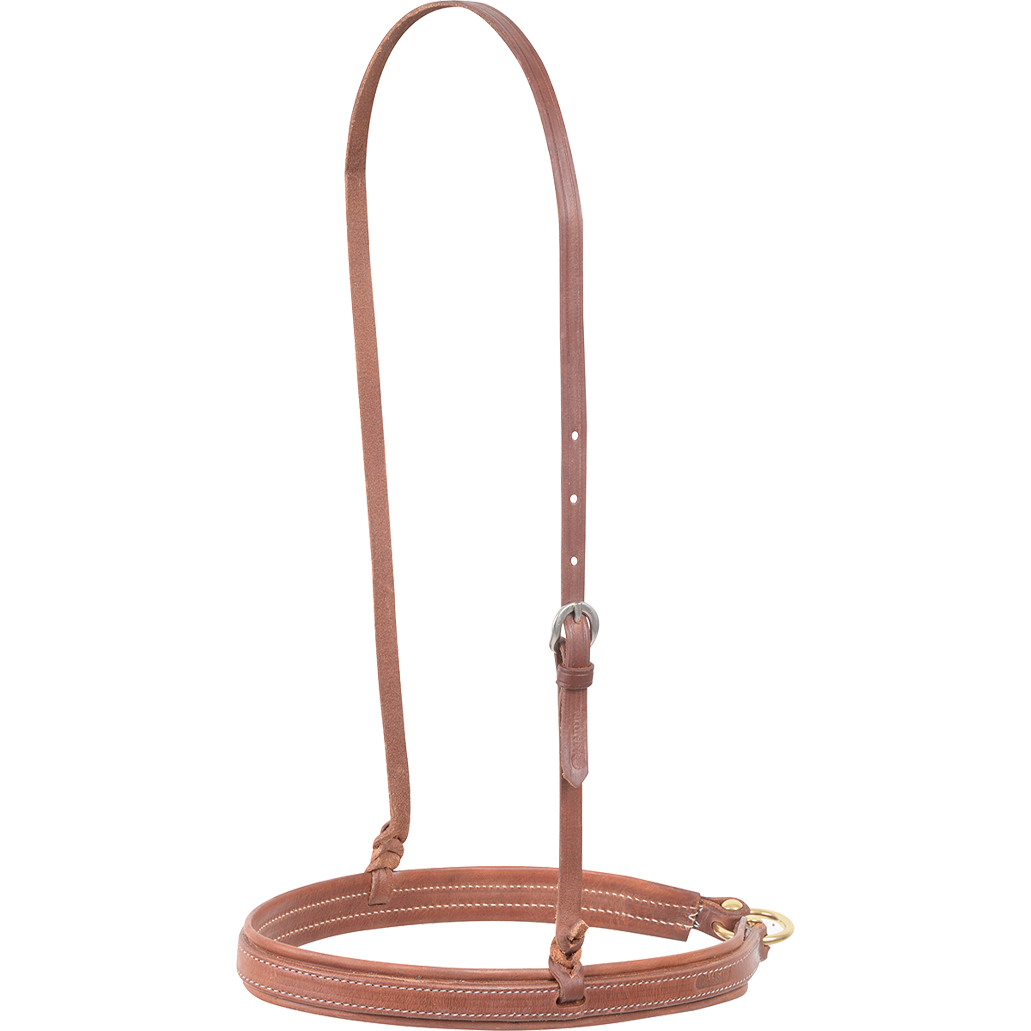 Natural stitched harness noseband with harness lining from Martin Saddlery, seen from the front quarter. The wide leather noseband has white stitching and hangs from a matching adjustable strap.
