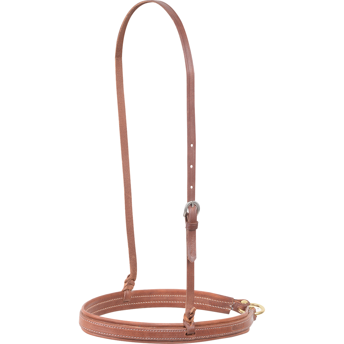 Natural stitched harness noseband with harness lining from Martin Saddlery, seen from the front quarter. The wide leather noseband has white stitching and hangs from a matching adjustable strap.