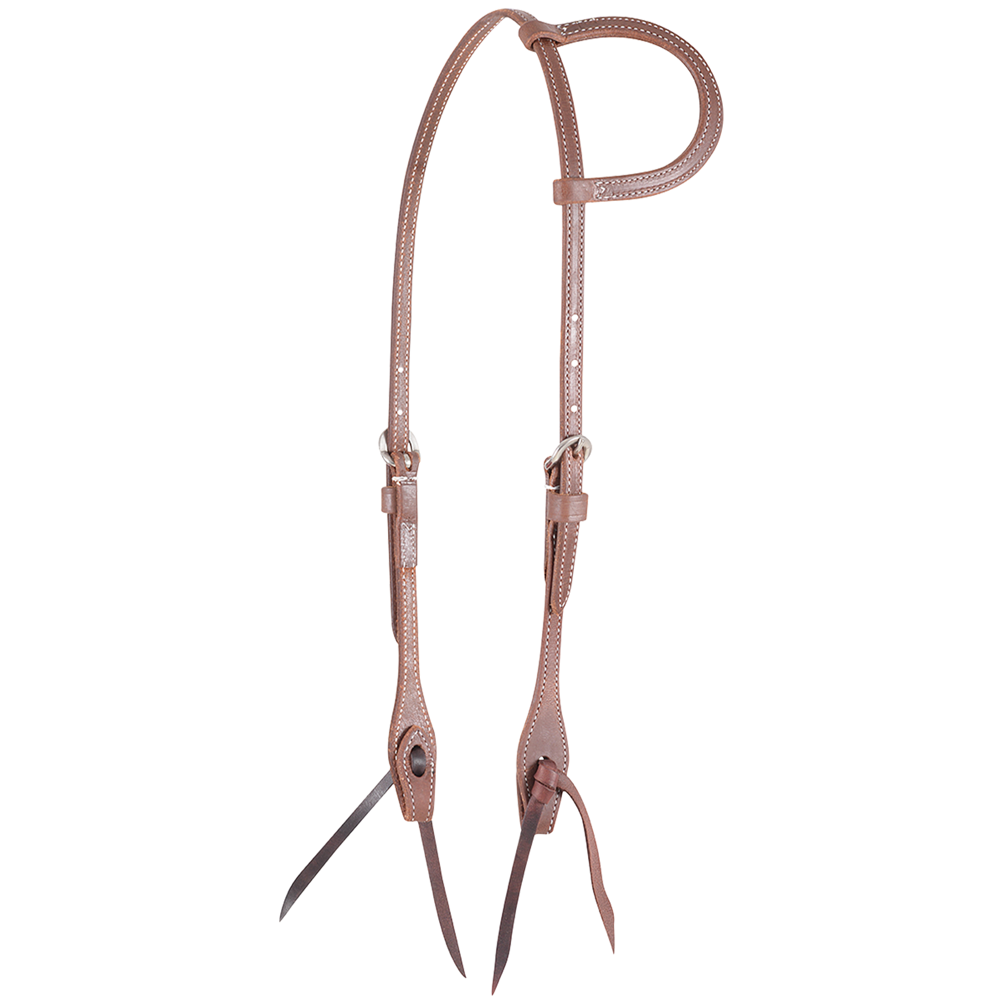 Natural harness leather slip ear headstall from Martin Saddlery, seen from the front quarter. The 1/2-inch stitched leather has a slip ear loop, stainless steel buckles and bit ties.