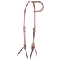 Natural harness leather slip ear headstall from Martin Saddlery, seen from the front quarter. The 1/2-inch stitched leather has a slip ear loop, stainless steel buckles and bit ties.