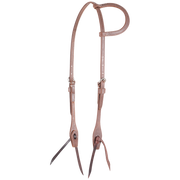 Natural harness leather slip ear headstall from Martin Saddlery, seen from the front quarter. The 1/2-inch stitched leather has a slip ear loop, stainless steel buckles and bit ties.