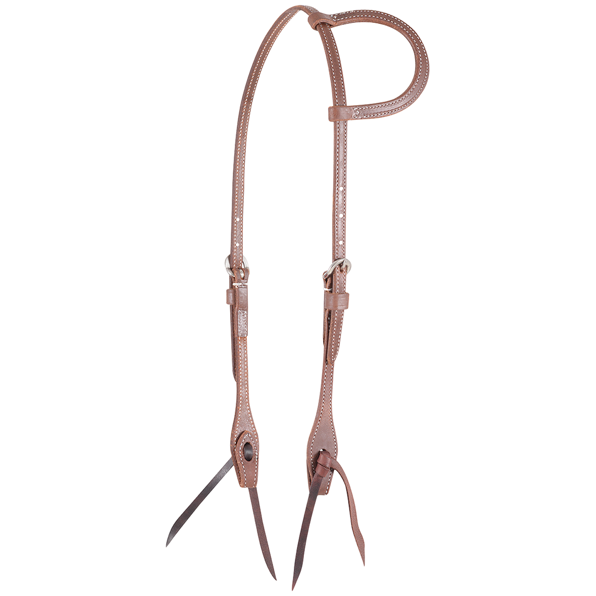 Natural harness leather slip ear headstall from Martin Saddlery, seen from the front quarter. The 1/2-inch stitched leather has a slip ear loop, stainless steel buckles and bit ties.