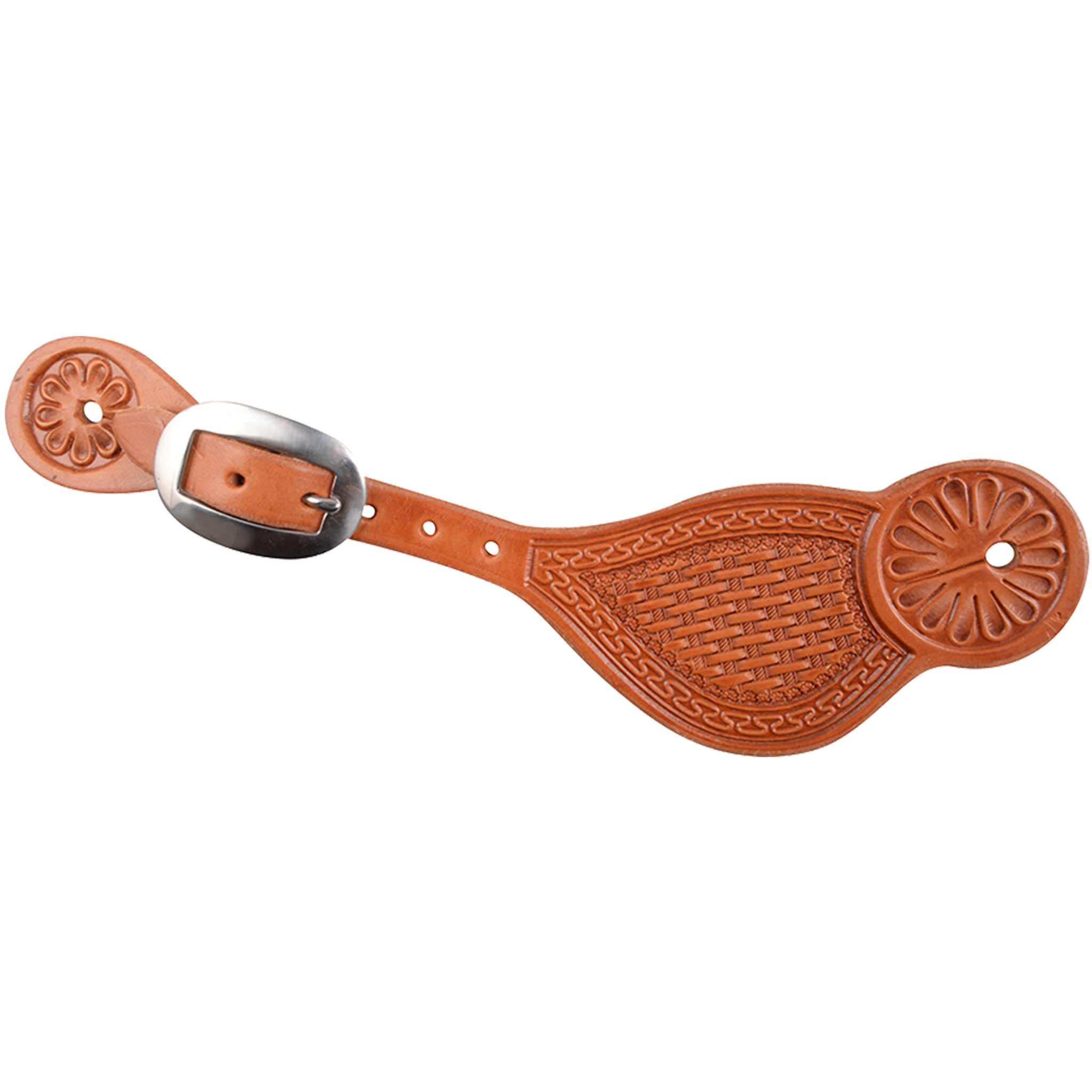 Natural Tombstone spur strap with San Carlos and basket tooling, seen from above. A San Carlos border frames the basket stamped center on light leather, with a stainless steel buckle.