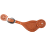 Natural Tombstone spur strap with San Carlos and basket tooling, seen from above. A San Carlos border frames the basket stamped center on light leather, with a stainless steel buckle.