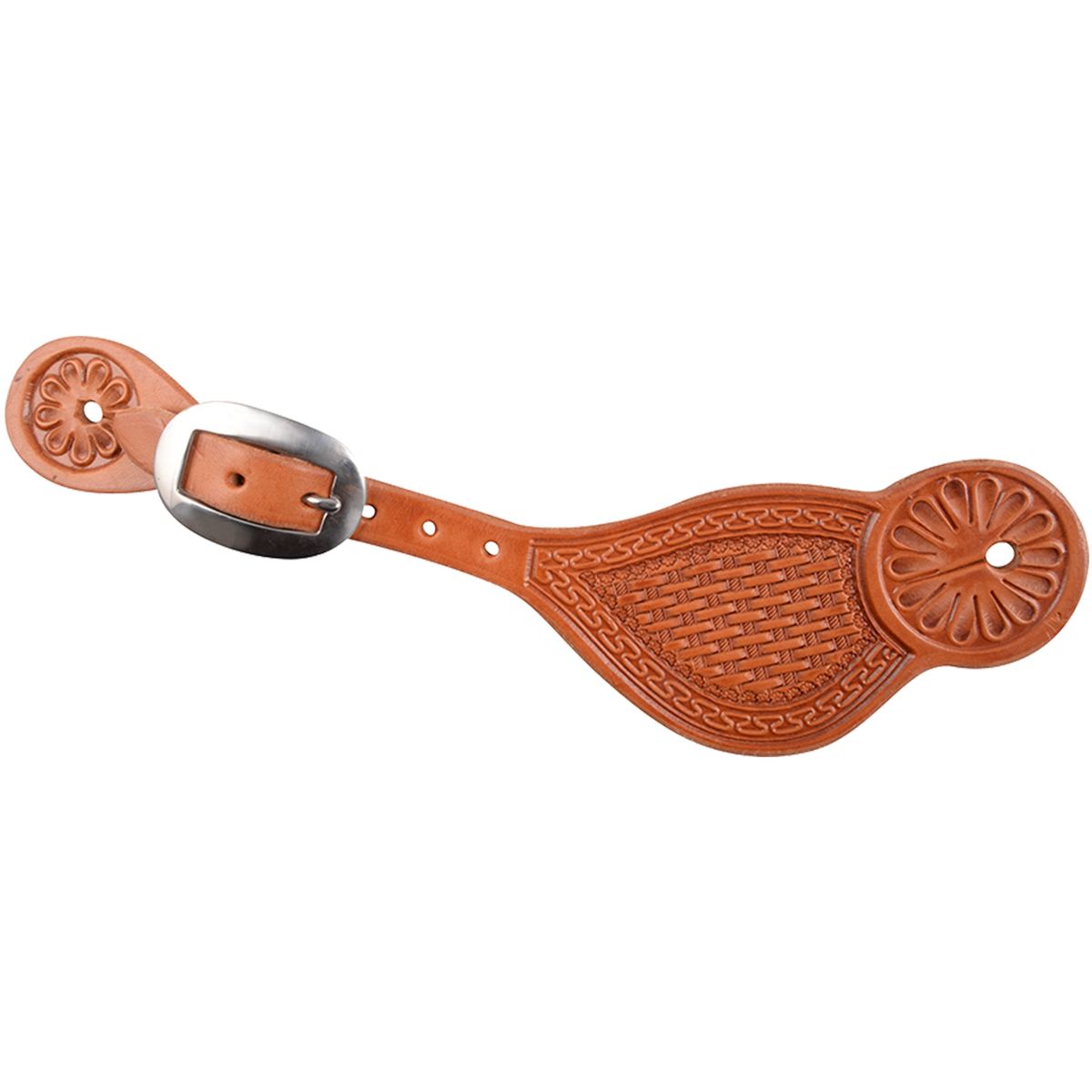 Natural Tombstone spur strap with San Carlos and basket tooling, seen from above. A San Carlos border frames the basket stamped center on light leather, with a stainless steel buckle.
