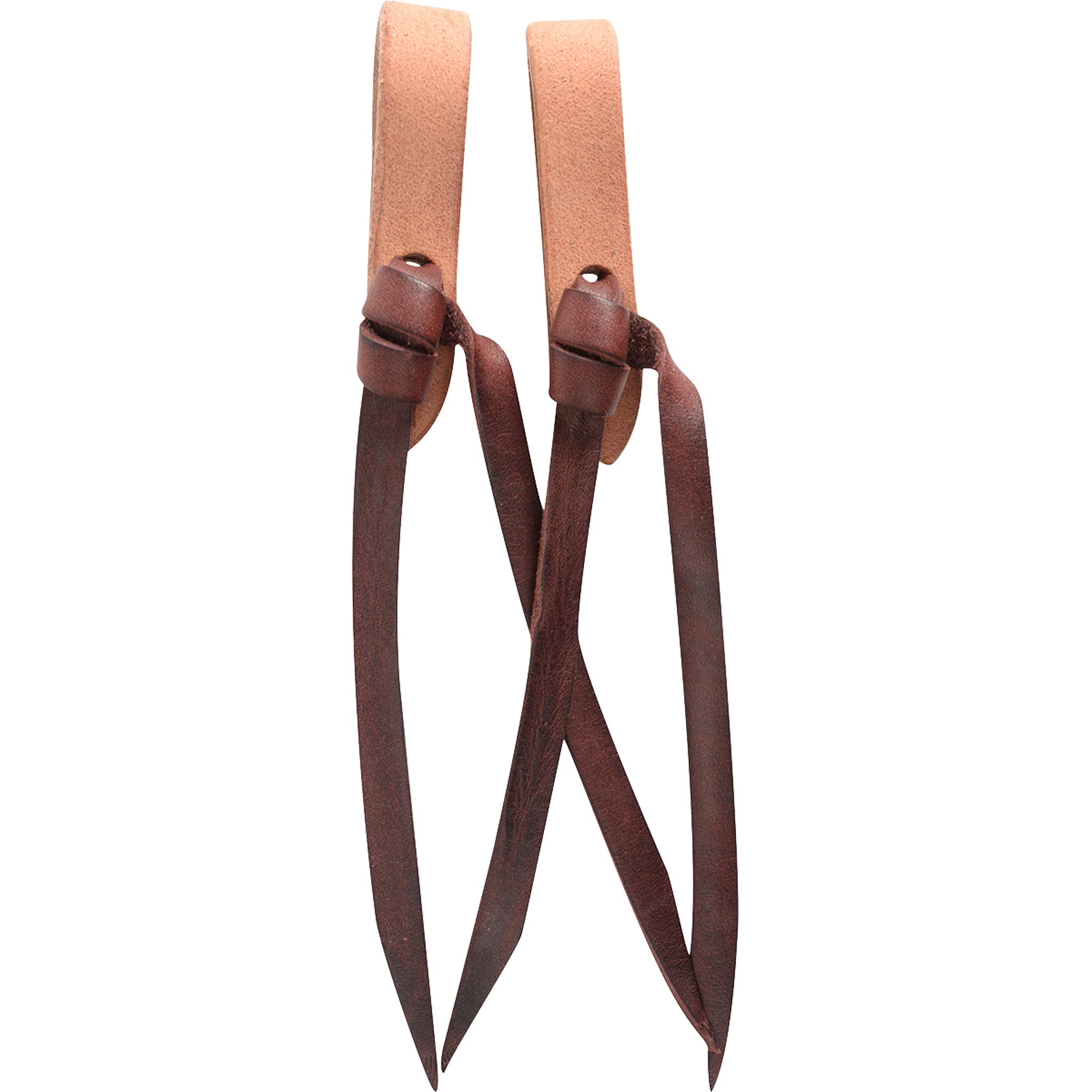Natural water loop rein ends, seen hanging side by side. Dark tie strings knot through the light leather loops and hang in long tails.