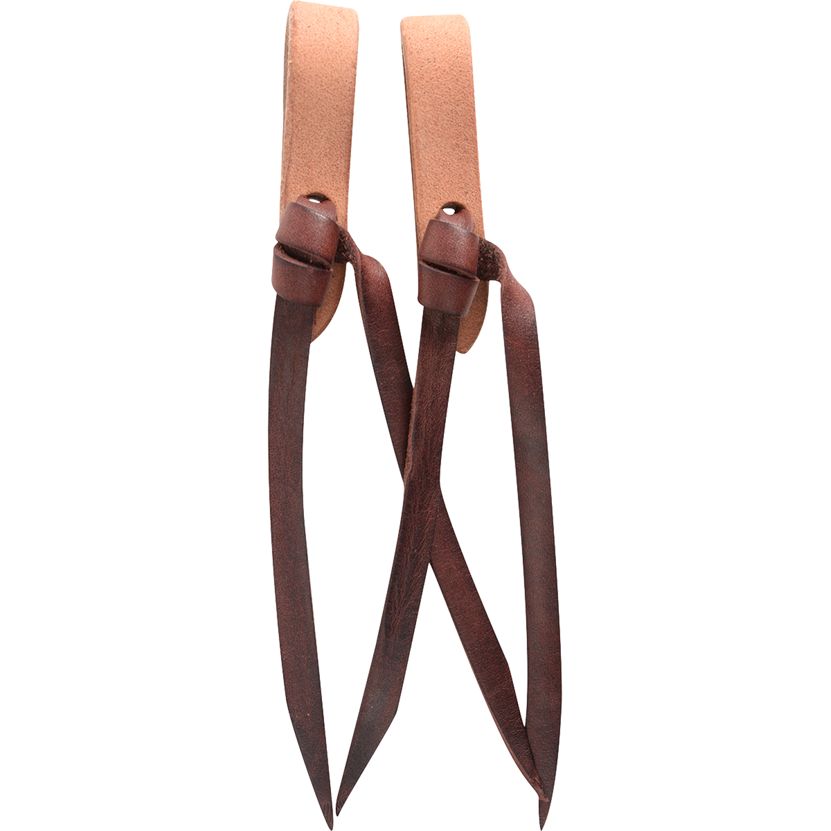 Natural water loop rein ends, seen hanging side by side. Dark tie strings knot through the light leather loops and hang in long tails.