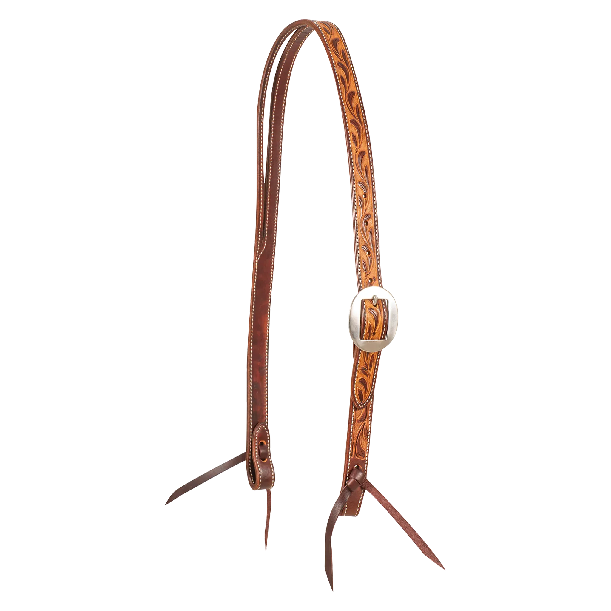 Ranahan headstall in natural skirting leather with weathered, antiqued vine tooling, seen from the front quarter. The tooled cheek carries a cart buckle, and both ends finish in bit ties.
