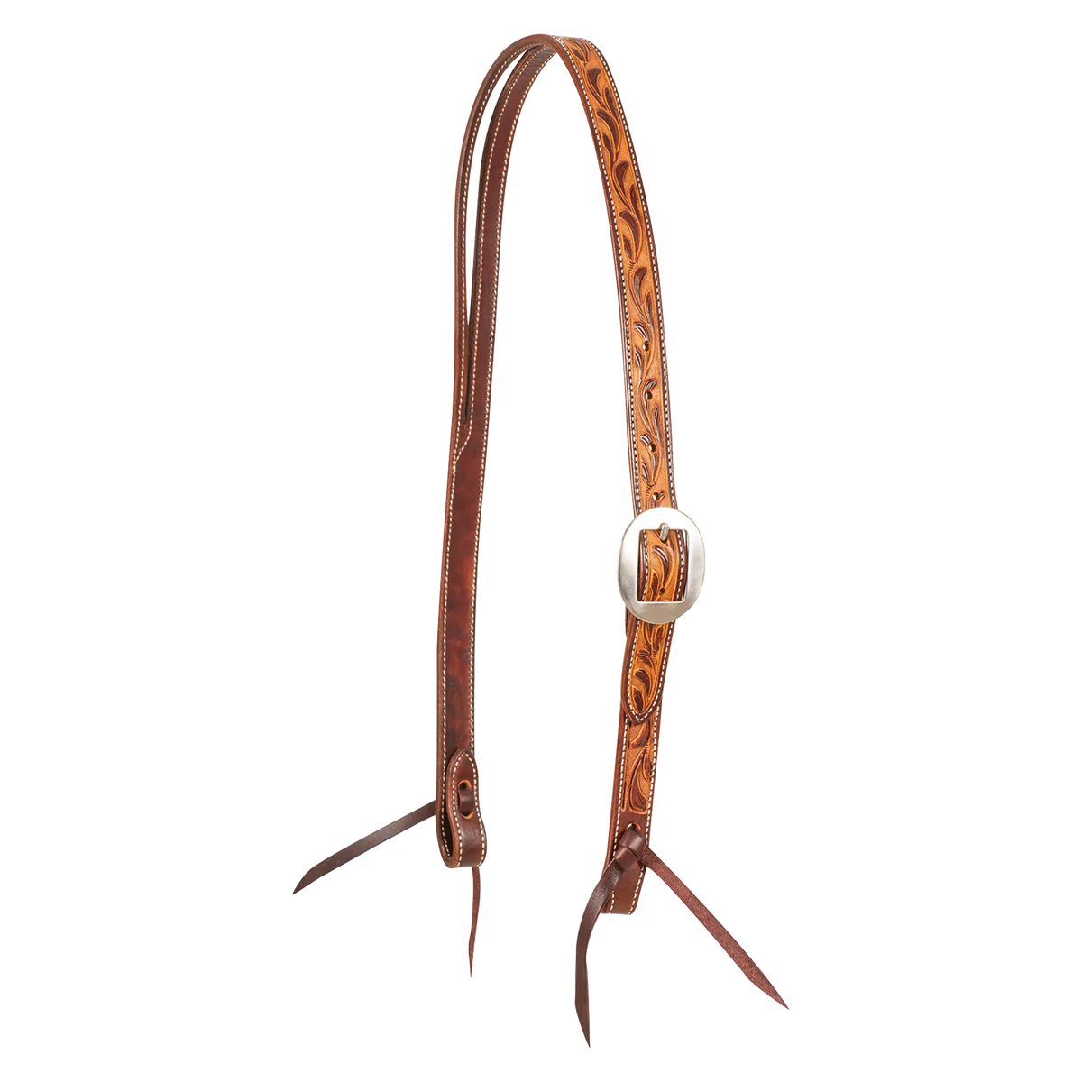 Ranahan headstall in natural skirting leather with weathered, antiqued vine tooling, seen from the front quarter. The tooled cheek carries a cart buckle, and both ends finish in bit ties.