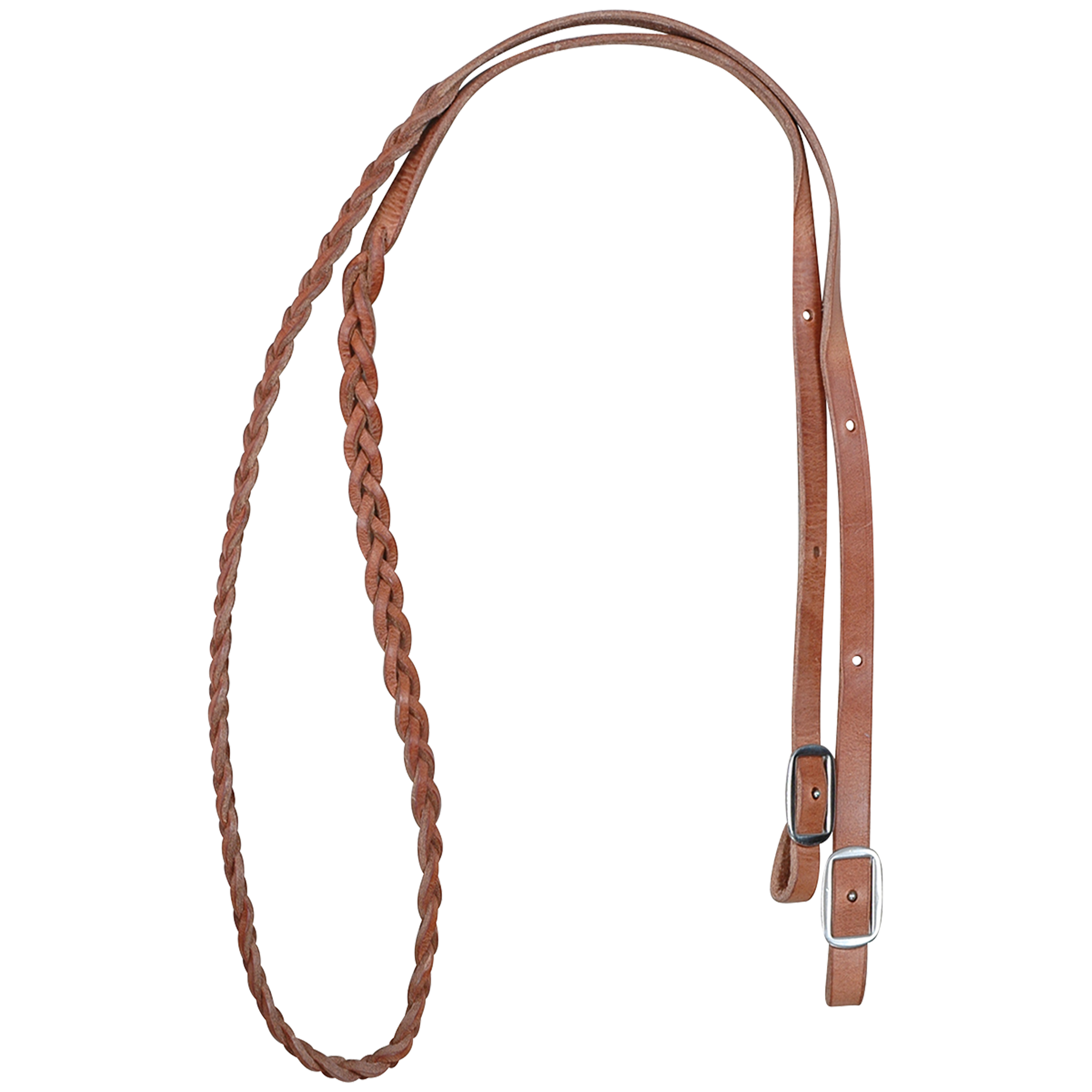 Natural harness leather braided barrel rein from Martin Saddlery, coiled and seen from above. The 5/8-inch braid joins flat leather ends with buckles for adjusting length.