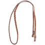 Natural harness leather braided barrel rein from Martin Saddlery, coiled and seen from above. The 5/8-inch braid joins flat leather ends with buckles for adjusting length.