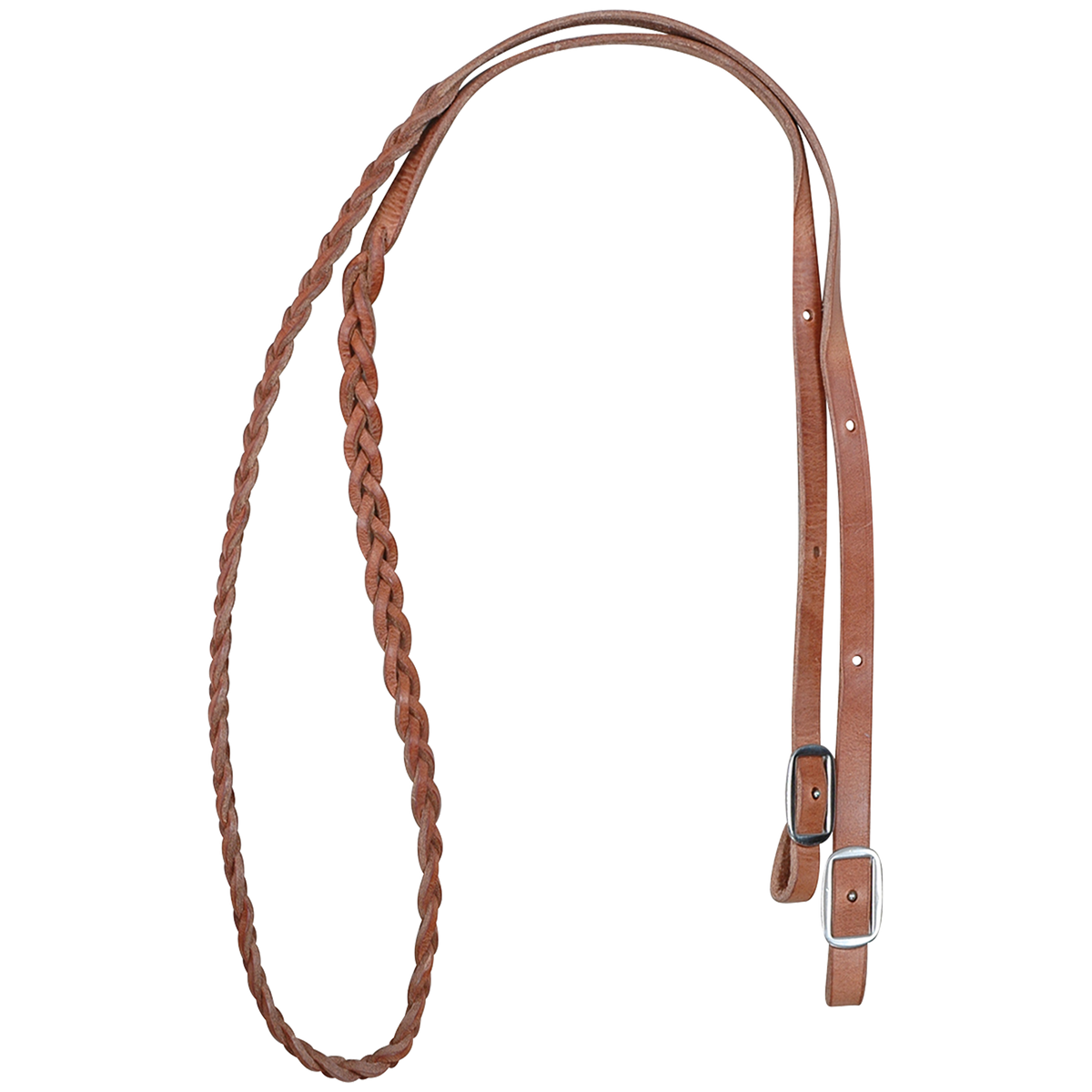Natural harness leather braided barrel rein from Martin Saddlery, coiled and seen from above. The 5/8-inch braid joins flat leather ends with buckles for adjusting length.