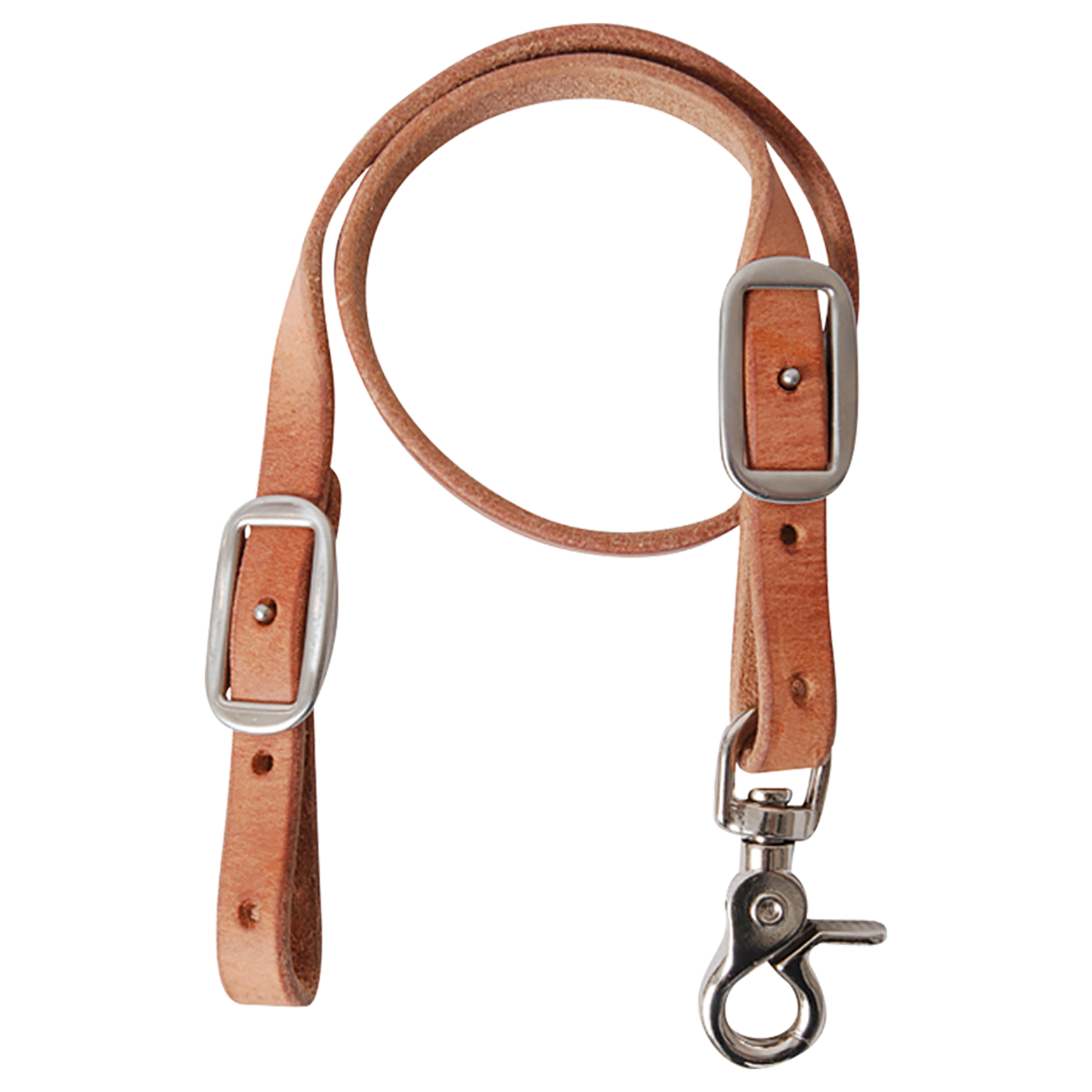 Natural harness leather breastcollar wither strap, looped and seen from the front. The strap has buckles for adjustment and a snap at one end, made by Martin Saddlery for western tack.