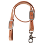 Natural harness leather breastcollar wither strap, looped and seen from the front. The strap has buckles for adjustment and a snap at one end, made by Martin Saddlery for western tack.