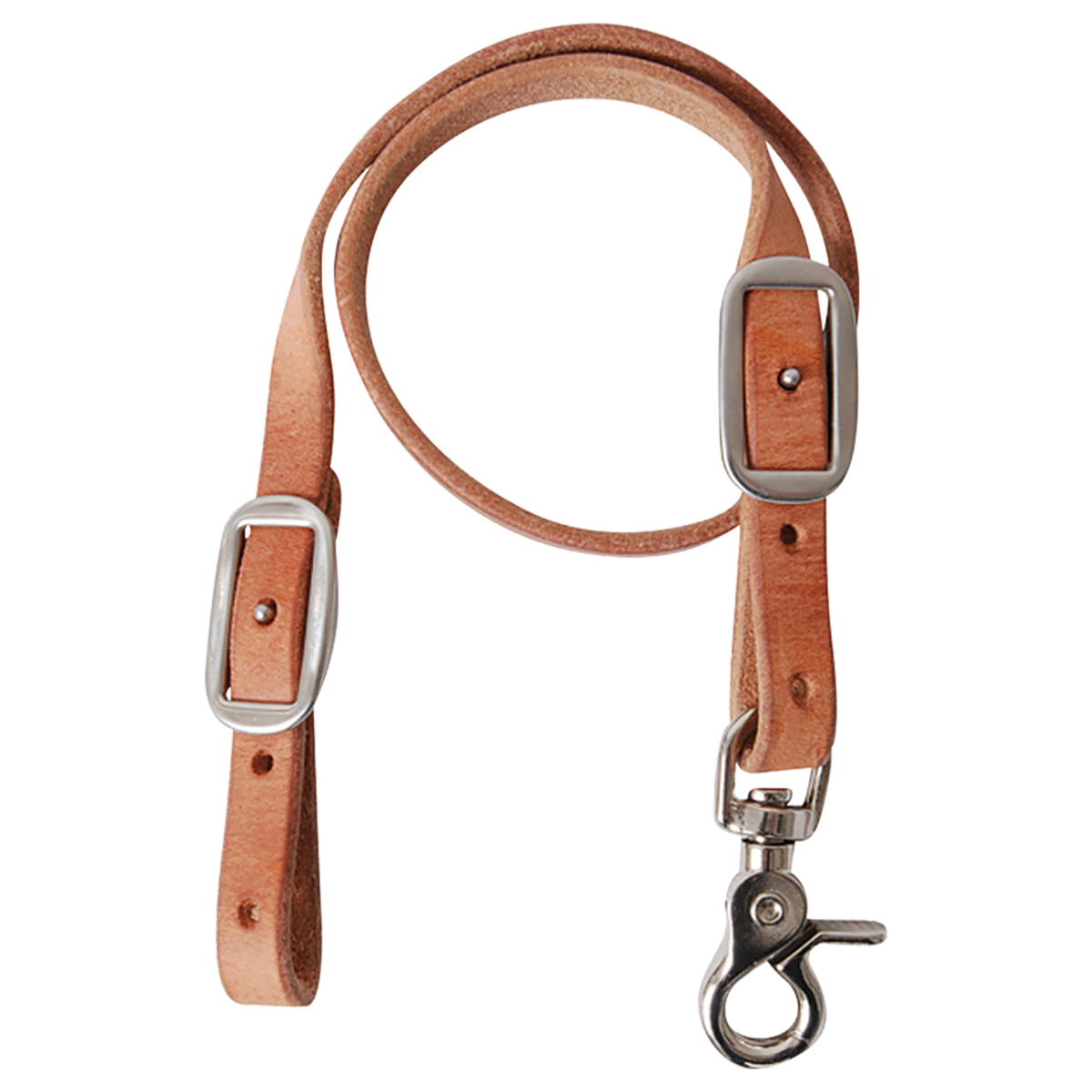 Natural harness leather breastcollar wither strap, looped and seen from the front. The strap has buckles for adjustment and a snap at one end, made by Martin Saddlery for western tack.