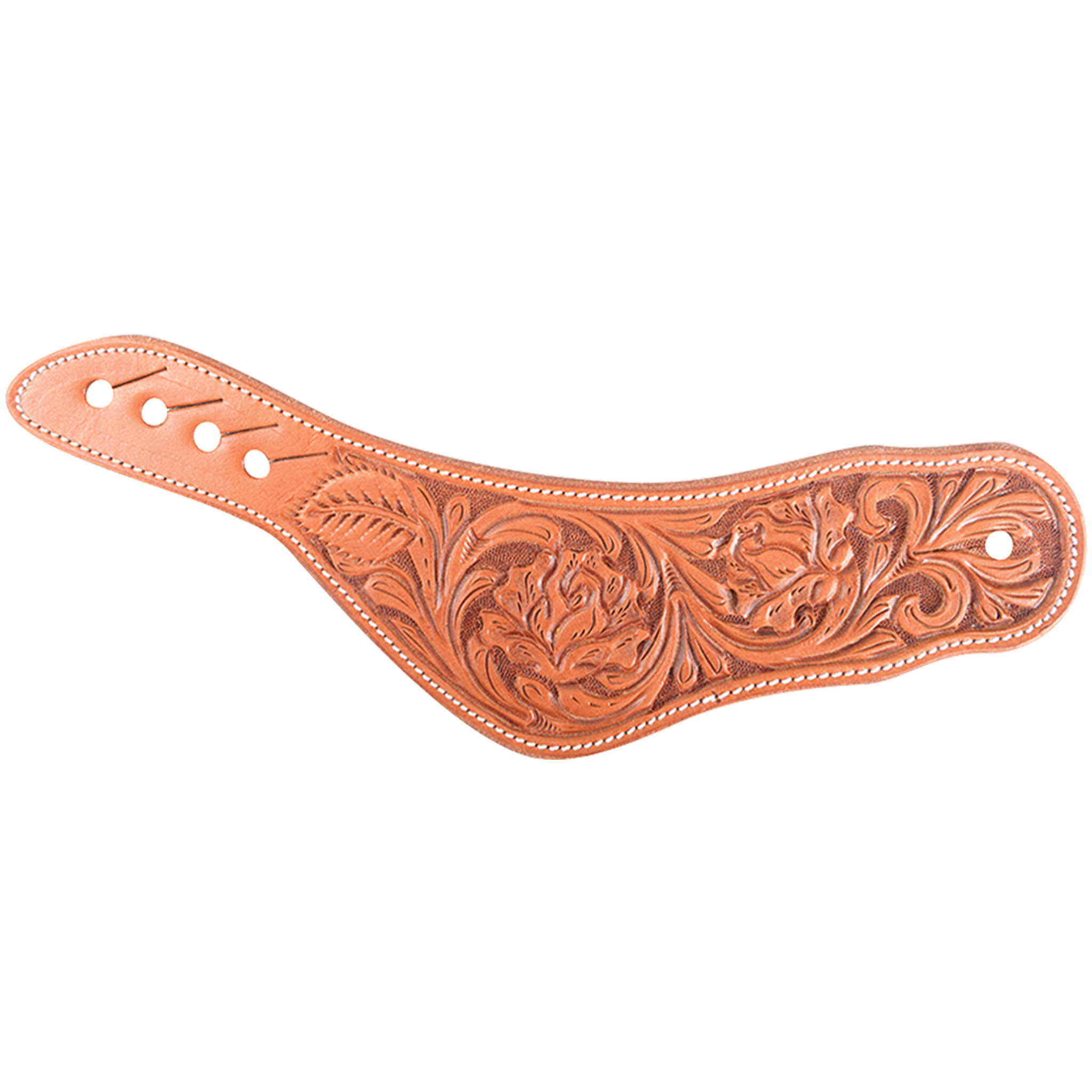 Natural women's dovewing spur strap with rose flower tooling, seen from above. Roses and leaves are tooled across the wing inside white stitching, with slotted holes for adjustment.