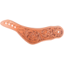 Natural women's dovewing spur strap with rose flower tooling, seen from above. Roses and leaves are tooled across the wing inside white stitching, with slotted holes for adjustment.