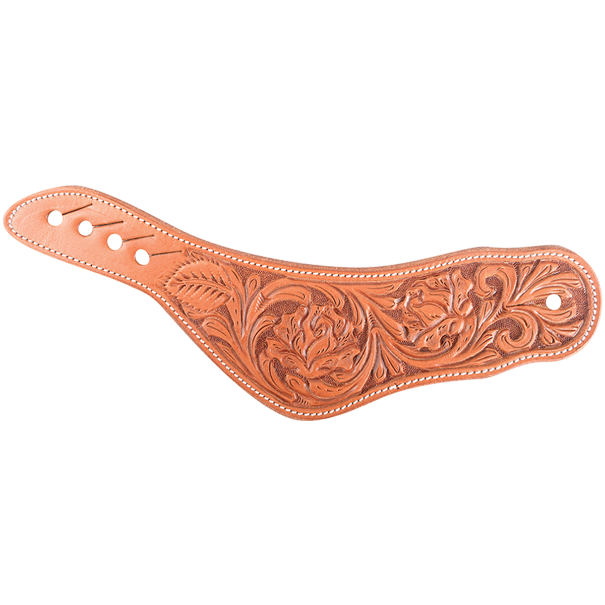 Natural women's dovewing spur strap with rose flower tooling, seen from above. Roses and leaves are tooled across the wing inside white stitching, with slotted holes for adjustment.