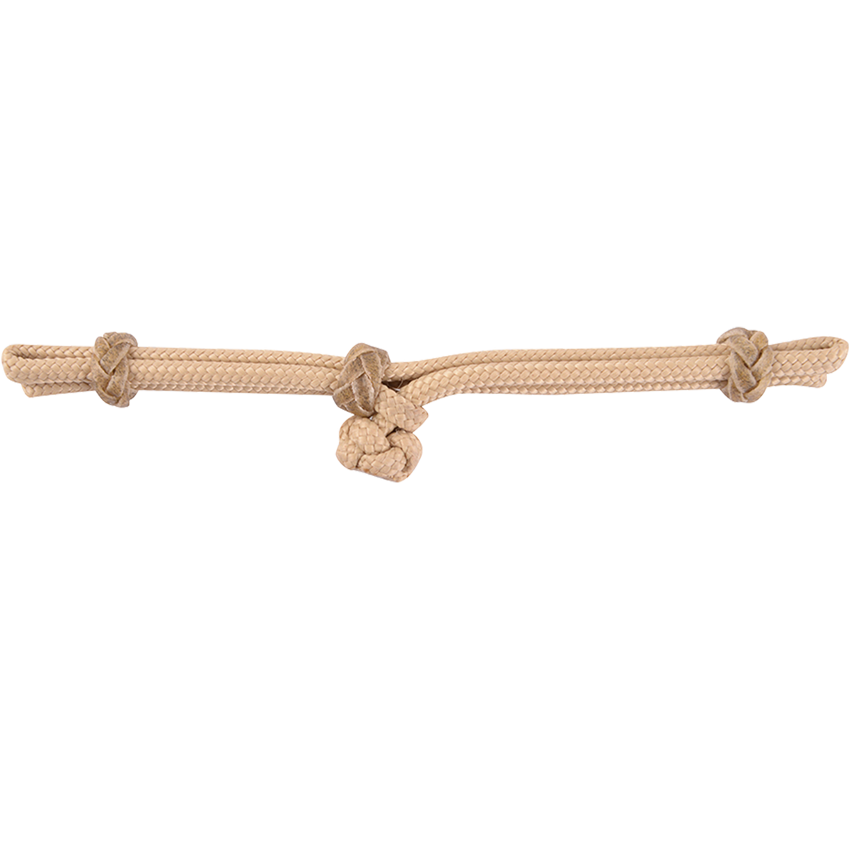 Nylon cord bit hobble in tan, laid out straight with braided knots along its length. The Martin Saddlery bit hobble keeps both sides of a shanked bit attached and working together.