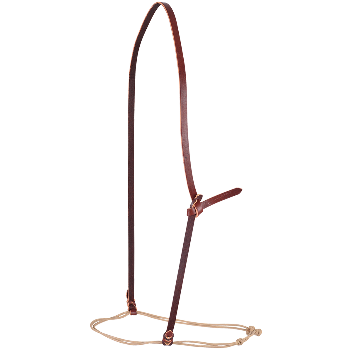 Nylon cord cavesson from Martin Saddlery, seen in full. A dark leather crown strap holds an adjustable string noseband in a light tan cord.