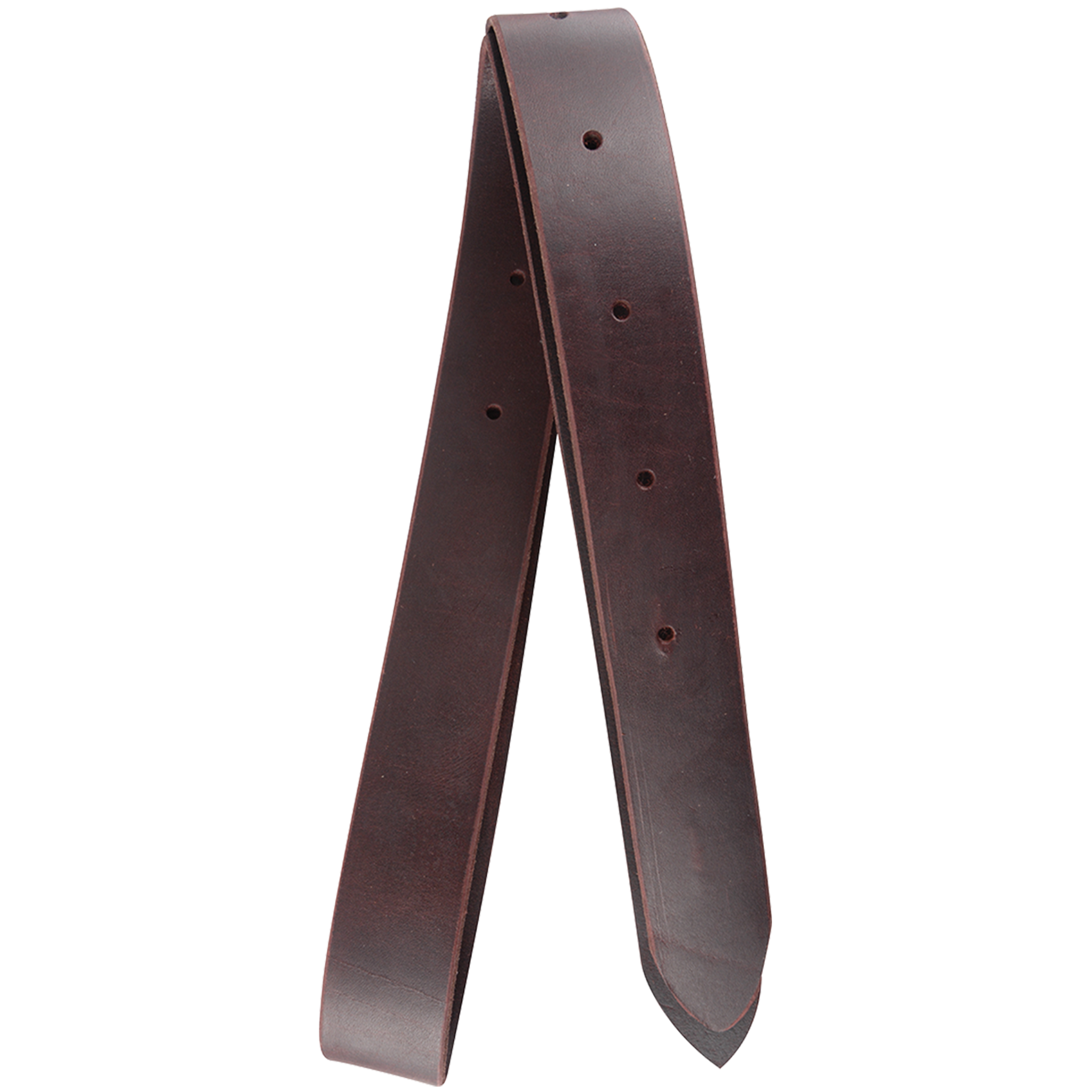 Offside latigo from Martin Saddlery, folded and seen from the front. The dark 1-3/4-inch latigo leather has punched holes and pointed ends.