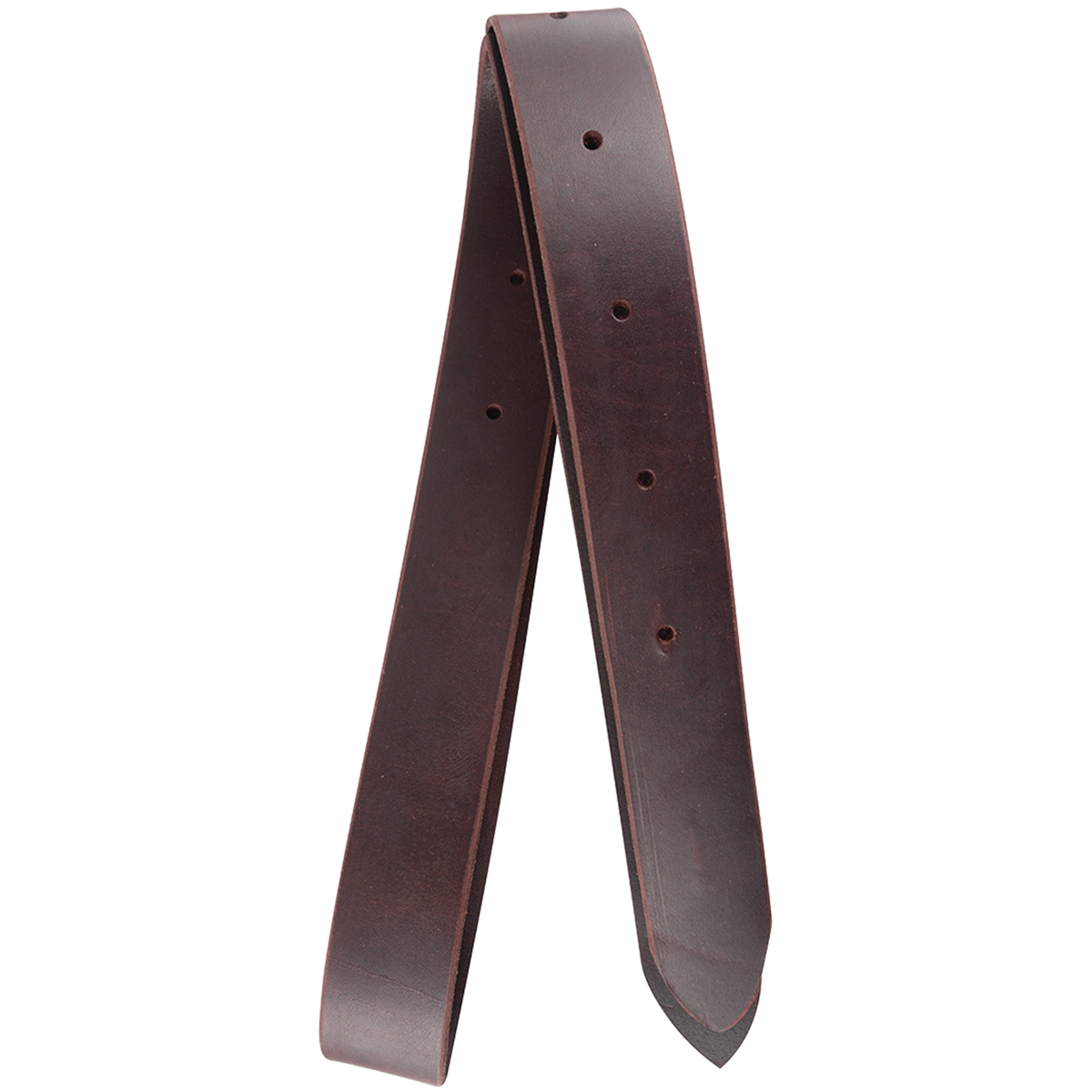Offside latigo from Martin Saddlery, folded and seen from the front. The dark 1-3/4-inch latigo leather has punched holes and pointed ends.