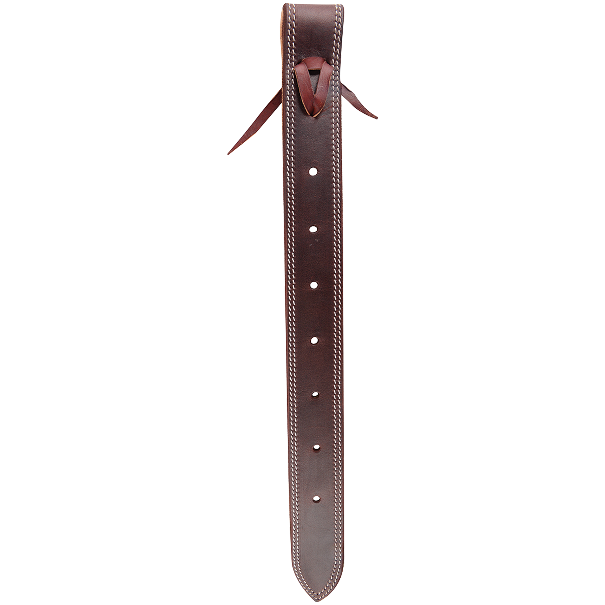 Doubled and stitched offside latigo, seen from the front. Rows of white stitching run down both edges of the dark leather, with a row of holes and a tie at the top.