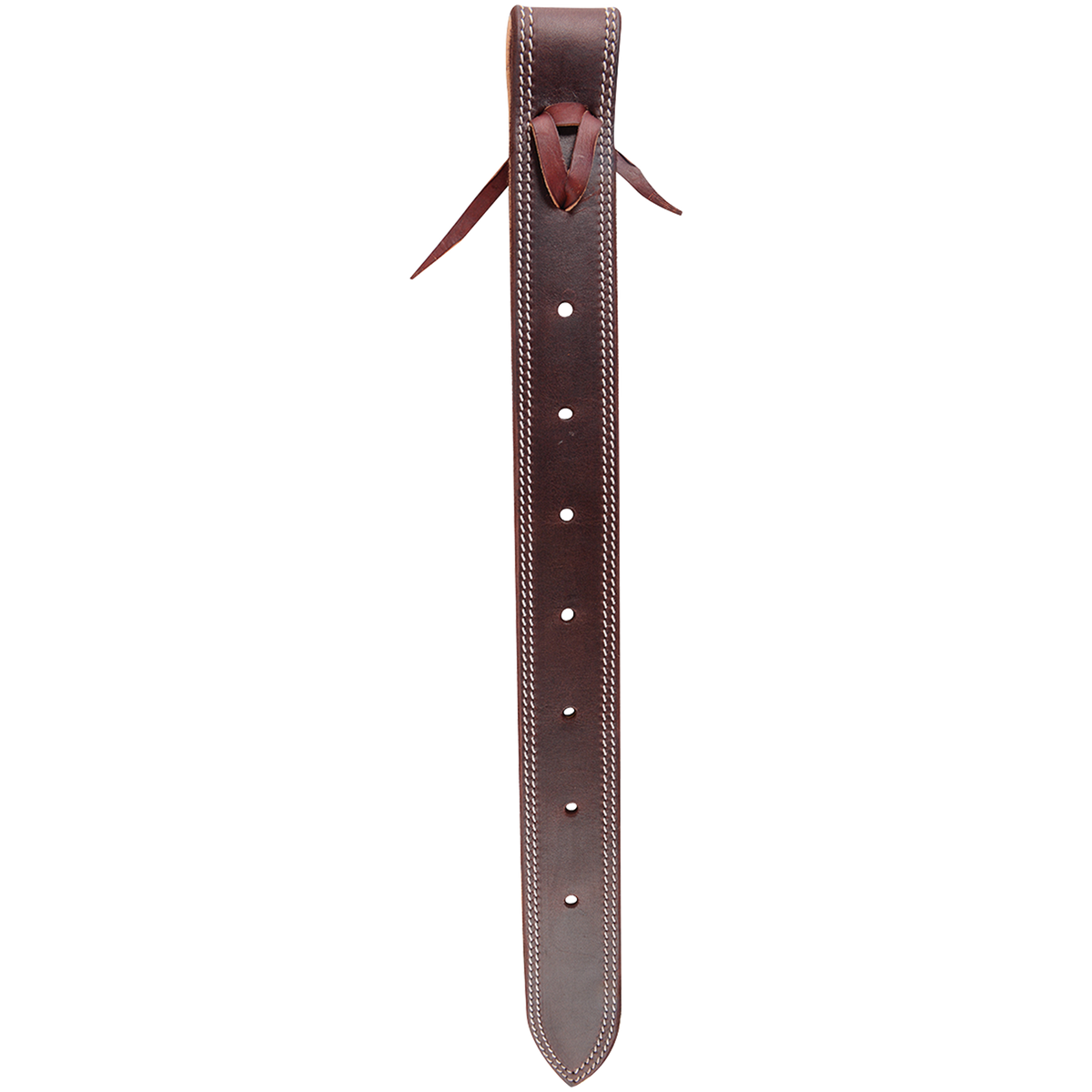 Doubled and stitched offside latigo, seen from the front. Rows of white stitching run down both edges of the dark leather, with a row of holes and a tie at the top.