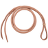 Over-and-under whip from Martin Saddlery, coiled and seen from above. The rolled harness leather whip has a loop at one end and splits into tails at the other.