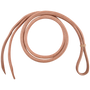 Over-and-under whip from Martin Saddlery, coiled and seen from above. The rolled harness leather whip has a loop at one end and splits into tails at the other.