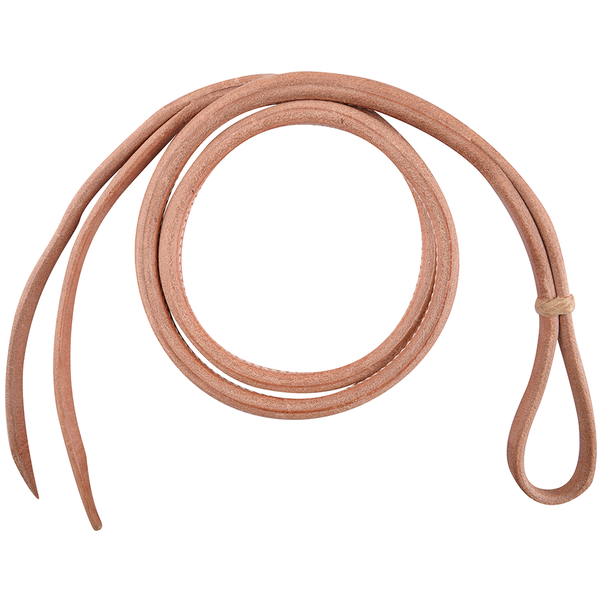 Over-and-under whip from Martin Saddlery, coiled and seen from above. The rolled harness leather whip has a loop at one end and splits into tails at the other.